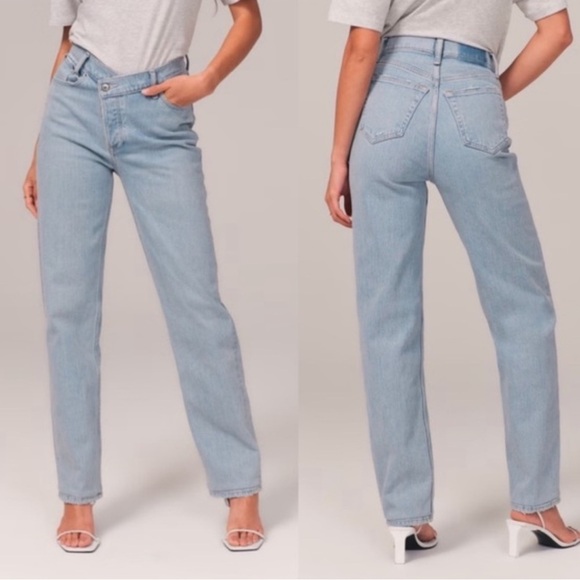 Abercrombie & Fitch Curve Love High Rise Dad Jean Criss Cross Waist Light Wash - Picture 1 of 6